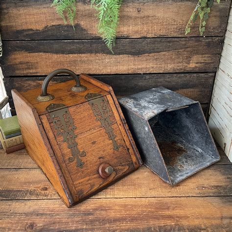 antique wood coal box and pull out metal drawer|vintage coal storage bins.